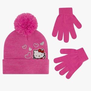 💕5/$15 Hello Kitty Hot Pink Pom Beanie and Gloves Set, NEW